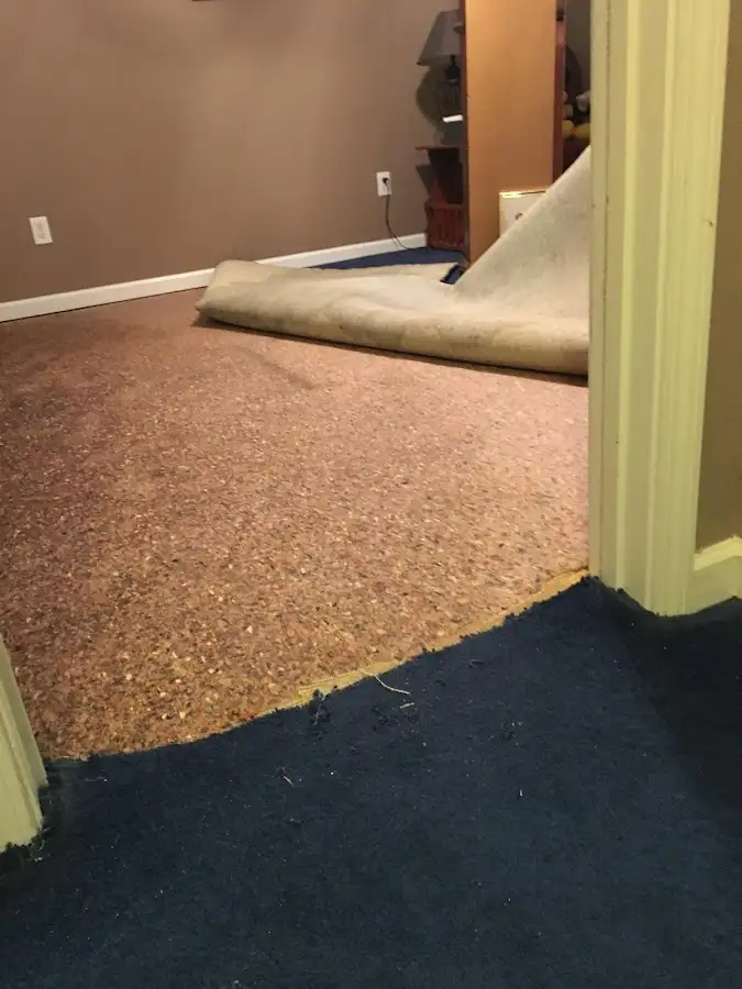 Carpet pad removal revealing water damage during Drying & Dehumidification in Worthington