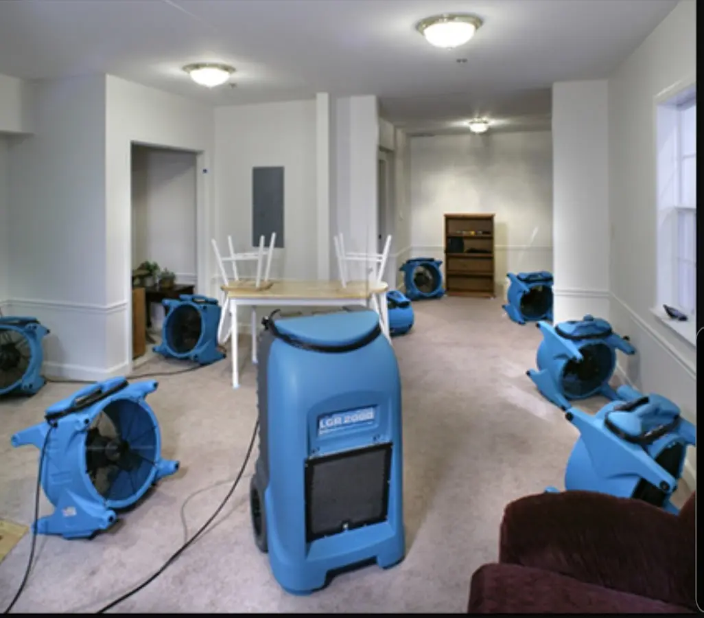Air movers and dehumidifier setup for Water Damage Restoration in Worthington